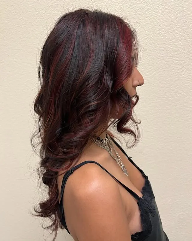 Rich burgundy highlights with curls — Hair by Kleo