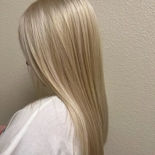 Hair transformation by Kleo Begaj at Hair by Kleo Flower Mound — Sleek platinum blonde